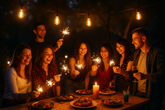 Group of friends enjoying a dinner party with sparklers and drinks at night.